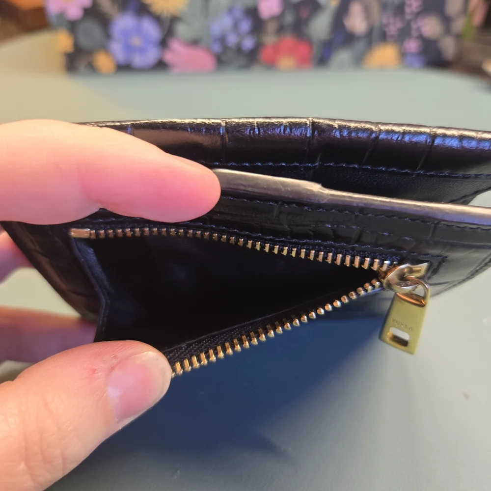 FURLA Lady M Black Croc-Embossed Compact Wallet